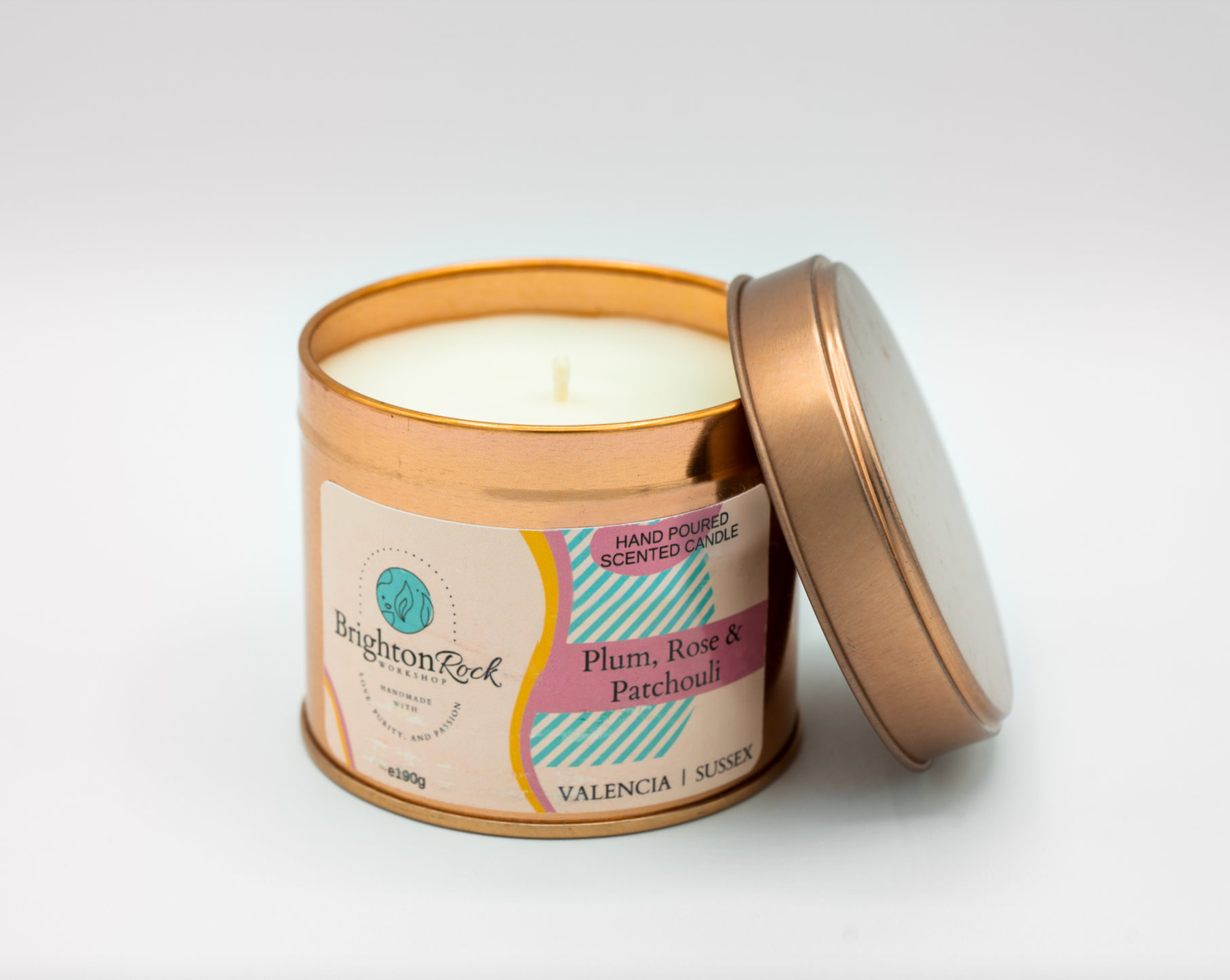 Plum, Rose & Patchouli Scented Candle in Rose Gold Tin 190g-0