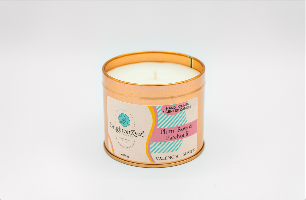 Plum, Rose & Patchouli Scented Candle in Rose Gold Tin 190g-1