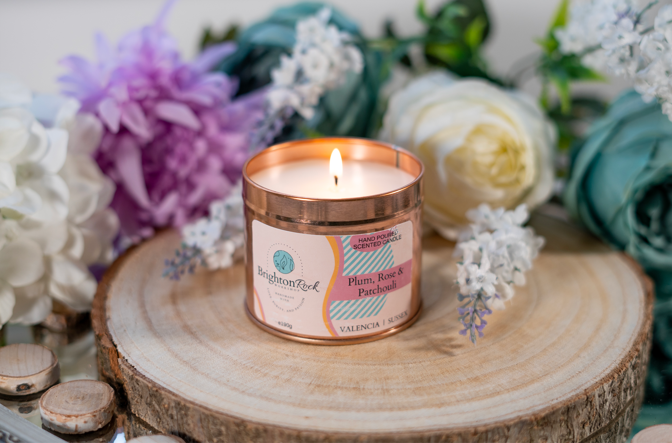Plum, Rose & Patchouli Scented Candle in Rose Gold Tin 190g-4