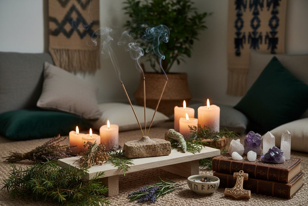 THOR natural incense burning in focused meditation space with books and crystals
