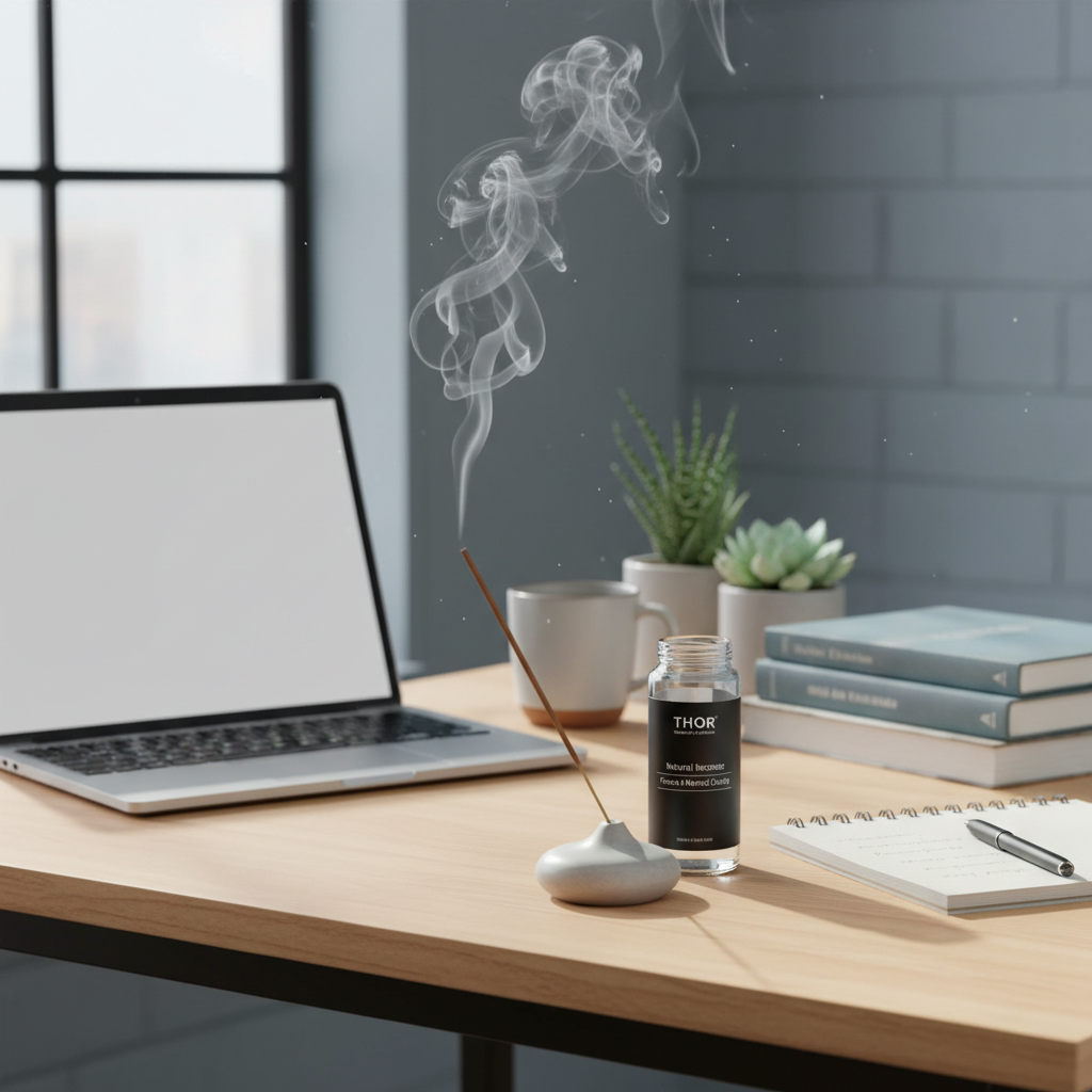 THOR Focus incense burning in modern productive workspace with laptop and natural light